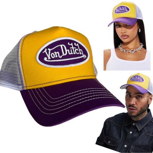 NWT VON DUTCH TWO TONE TRUCKER HAT UNISEX GOLD YELLOW/PURPLE SNAPBACK Y2K‎